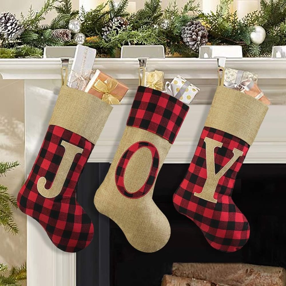 Meriwoods Christmas Stockings, 3 Pcs 19 in Red & Black Buffalo Plaid Burlap JOY